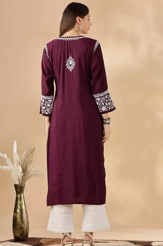 Chickenkari embroidered thread work chanderi cotton straight kurta