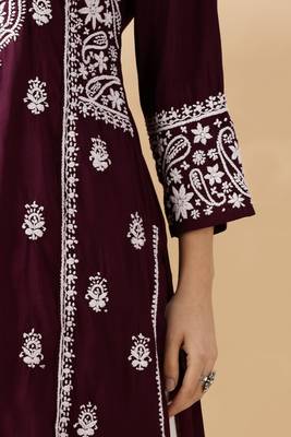 Chikankari embroidered thread work chanderi cotton straight kurta 4