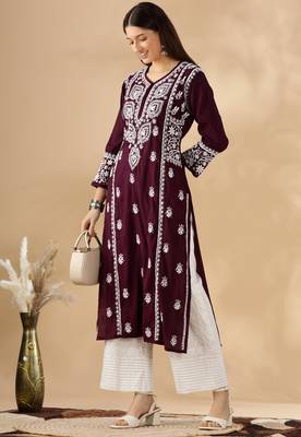 Chikankari embroidered thread work chanderi cotton straight kurta 5