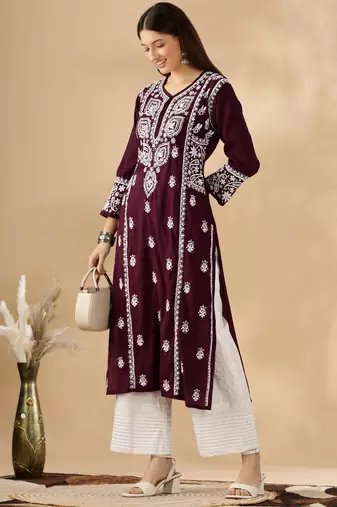 Chickenkari embroidered thread work chanderi cotton straight kurta