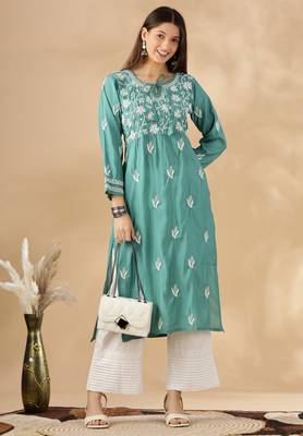 Chikankari embroidered thread work chanderi cotton straight kurta 1