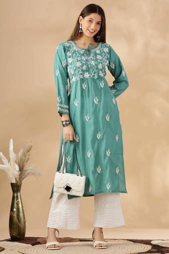 Chickenkari embroidered thread work chanderi cotton straight kurta
