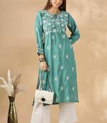 Chickenkari embroidered thread work chanderi cotton straight kurta