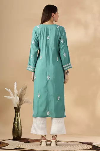 Chickenkari embroidered thread work chanderi cotton straight kurta