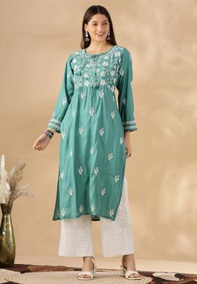 Chikankari embroidered thread work chanderi cotton straight kurta 5