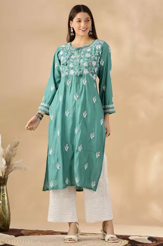 Chickenkari embroidered thread work chanderi cotton straight kurta