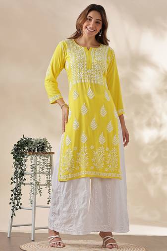 Chickenkari embroidered thread work chanderi cotton straight kurta