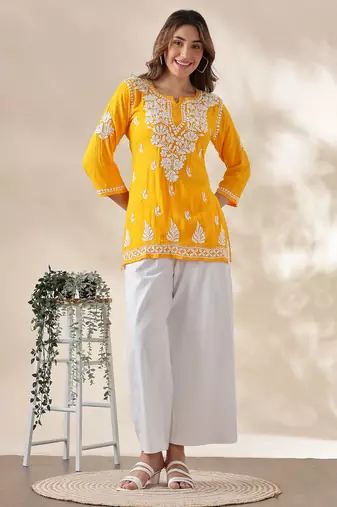 Chickenkari embroidered thread work cotton straight short kurta
