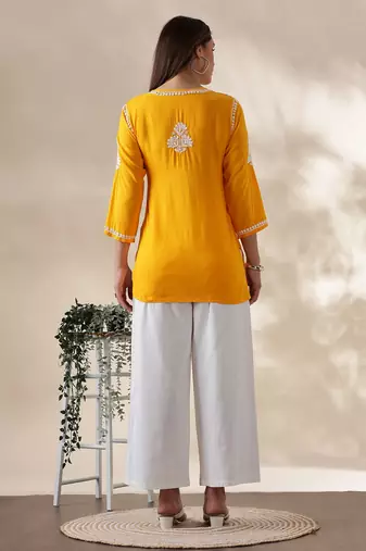 Chickenkari embroidered thread work cotton straight short kurta