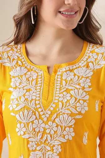 Chickenkari embroidered thread work cotton straight short kurta