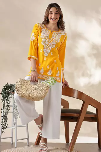 Chickenkari embroidered thread work cotton straight short kurta
