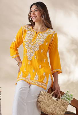 Chikankari embroidered thread work cotton straight short kurta 5