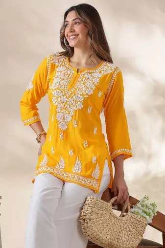Chickenkari embroidered thread work cotton straight short kurta