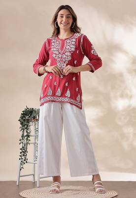 Trendy Red Chikankari Kurti for Women | Cotton Ethnic Wear Top 1