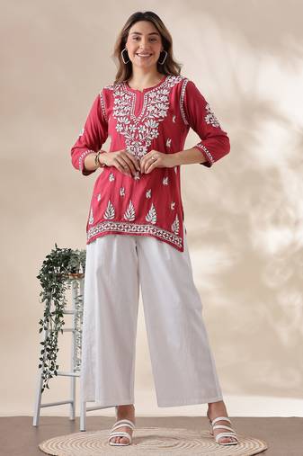 Chickenkari embroidered thread work cotton straight short kurta