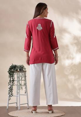Trendy Red Chikankari Kurti for Women | Cotton Ethnic Wear Top 2