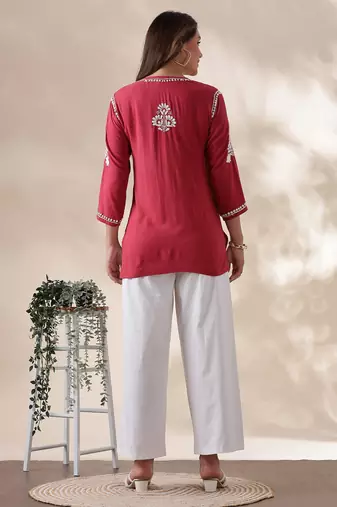 Trendy Red Chikankari Kurti for Women | Cotton Ethnic Wear Top
