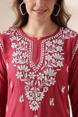 Trendy Red Chikankari Kurti for Women | Cotton Ethnic Wear Top 3