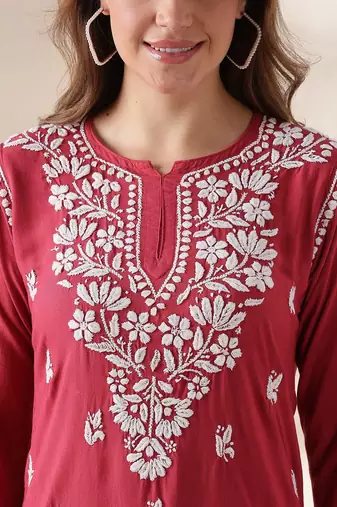 Trendy Red Chikankari Kurti for Women | Cotton Ethnic Wear Top