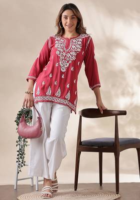Trendy Red Chikankari Kurti for Women | Cotton Ethnic Wear Top 4