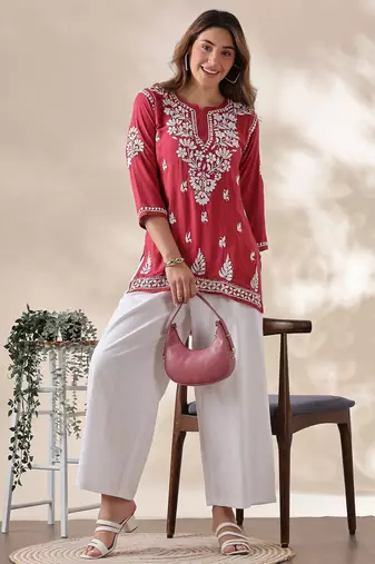 Trendy Red Chikankari Kurti for Women | Cotton Ethnic Wear Top