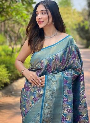 Blue  Kanchipuram silk blend Saree  1
