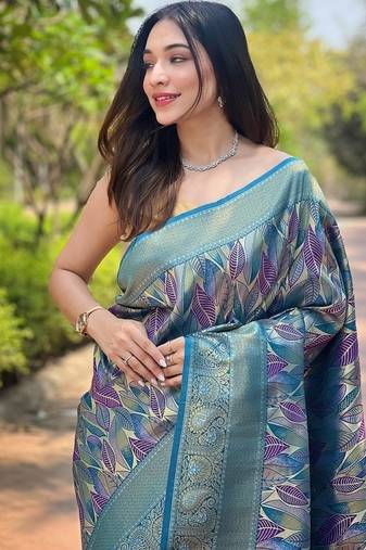 Blue  Kanchipuram silk blend Saree 