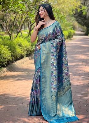 Blue  Kanchipuram silk blend Saree  3
