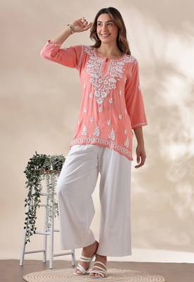 Stylish Peach Short Chikankari Kurti | Indo-Western Ethnic Top for Women 1