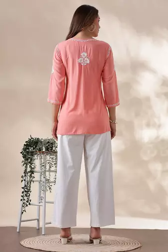 Stylish Peach Short Chikankari Kurti | Indo-Western Ethnic Top for Women