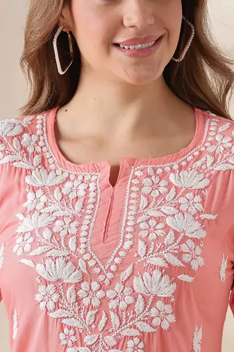 Stylish Peach Short Chikankari Kurti | Indo-Western Ethnic Top for Women