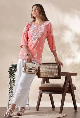 Stylish Peach Short Chikankari Kurti | Indo-Western Ethnic Top for Women 5