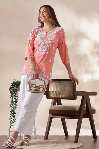 Stylish Peach Short Chikankari Kurti | Indo-Western Ethnic Top for Women