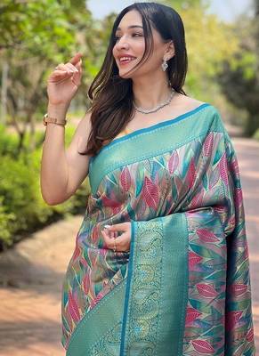 Turquoise  Kanchipuram silk blend Saree  1