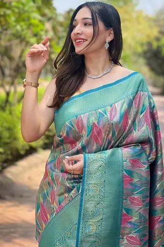 Turquoise  Kanchipuram silk blend Saree 