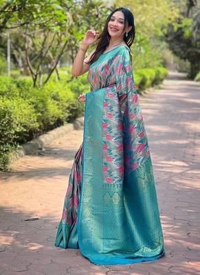 Turquoise  Kanchipuram silk blend Saree  2