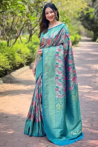 Turquoise  Kanchipuram silk blend Saree 