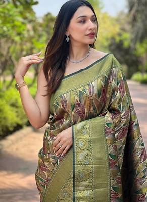 Mehndi Green  Kanchipuram silk blend Saree  1