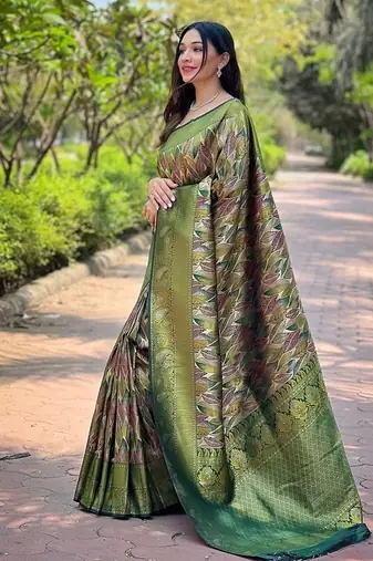 Mehndi Green  Kanchipuram silk blend Saree 
