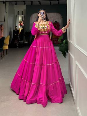 Hot Pink Rayon Lehenga Choli with Gota Patti Touch-Up and Embroidered Koti 1