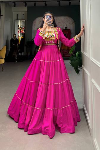 Hot Pink Rayon Lehenga Choli with Gota Patti Touch-Up and Embroidered Koti
