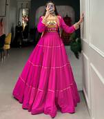 Hot Pink Rayon Lehenga Choli with Gota Patti Touch-Up and Embroidered Koti