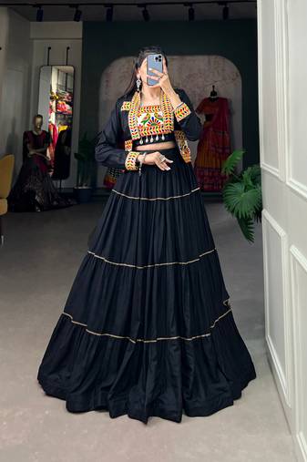 Black Rayon Lehenga Choli with Gota Patti Detail and Colorful Koti