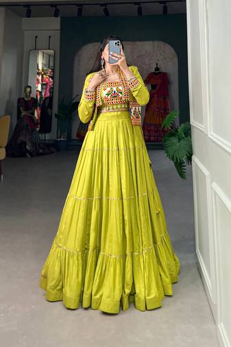 Parrot Green Gota Patti Rayon Lehenga Choli with Embroidered Jacket