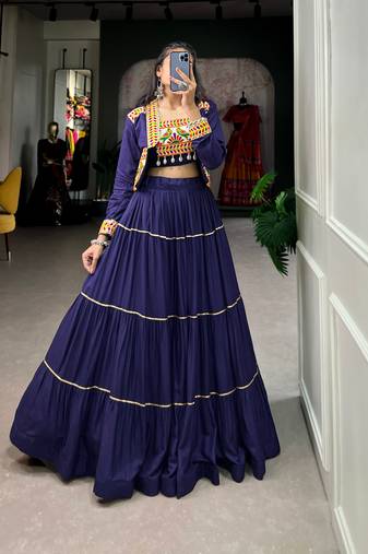 Navy Blue Rayon Lehenga Choli with Gota Patti Touch-Up and Mirror Work Koti