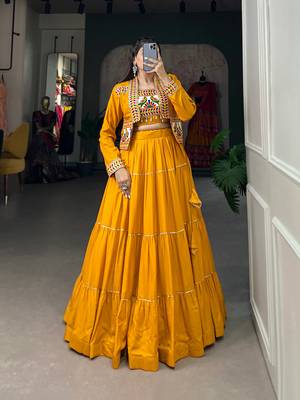 Mustard Yellow Rayon Lehenga Choli with Gota Patti and Multicolor Jacket 1