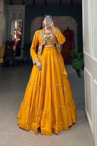Mustard Yellow Rayon Lehenga Choli with Gota Patti and Multicolor Jacket