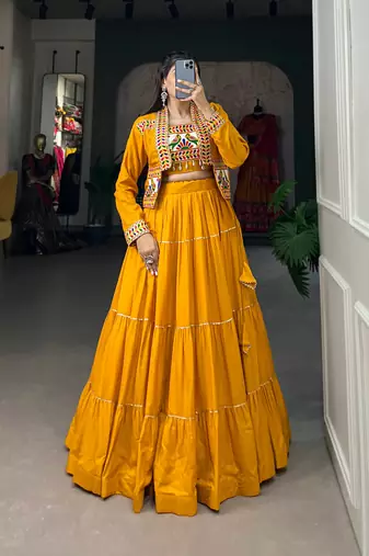 Mustard Yellow Rayon Lehenga Choli with Gota Patti and Multicolor Jacket
