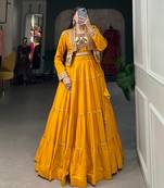 Mustard Yellow Rayon Lehenga Choli with Gota Patti and Multicolor Jacket