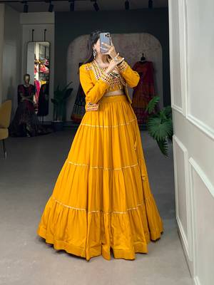 Mustard Yellow Rayon Lehenga Choli with Gota Patti and Multicolor Jacket 3